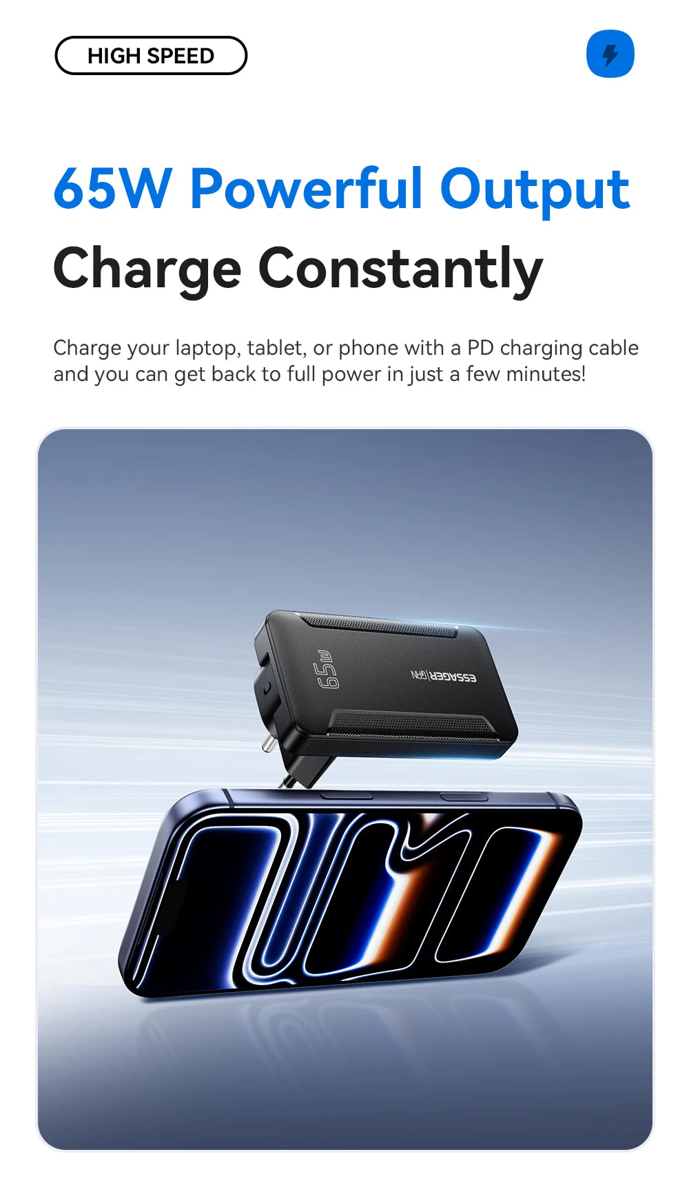 Essager Ultra Thin 65W GaN pro Travel Charger Quick Charge 4.0 PD3.0 Portable Type-C for iPhone 17 16 15Samsung MacBook Laptop