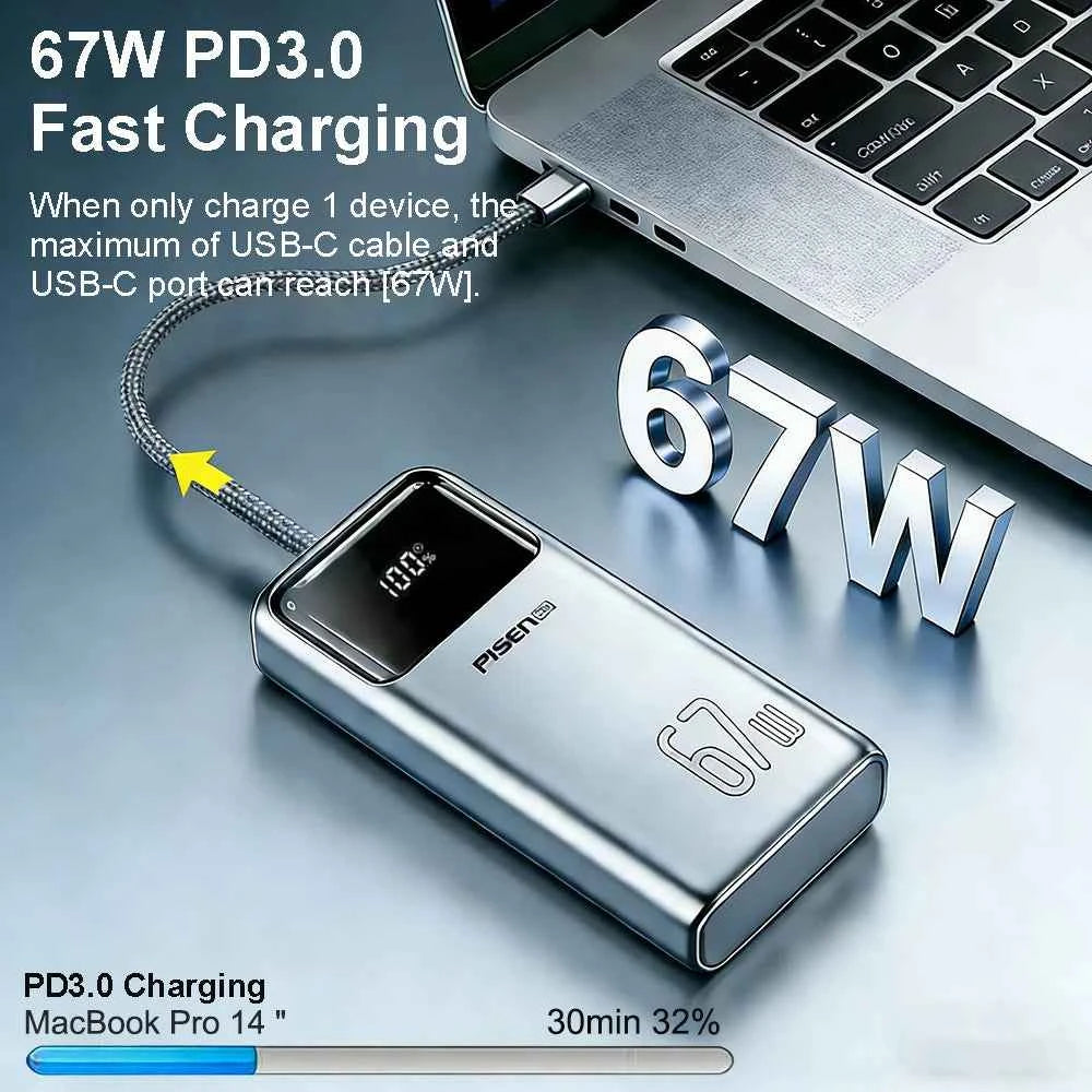 PISEN 20000mAh 67W Power Bank With Fast Charging Cable CCC External Battery For 65W Laptops/ 45W Samsung Phones/ iPhone & iPad