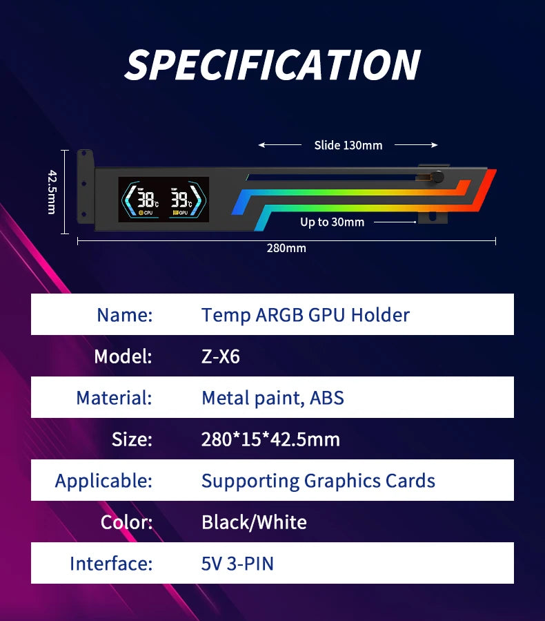 Power Train Z-X6 ARGB 5V 3PIN graphics card bracket adjustable height AURA SYNC computer graphics card VGA bracket GPU Holde