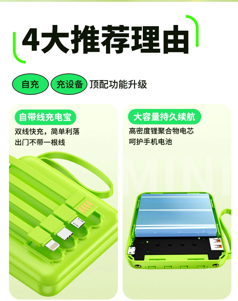 20000mAh 10000mAh Power Bank Built-in Cable Phone External Battery Powerbank Charger for Xiaomi Poco iPhone Samsung iPad