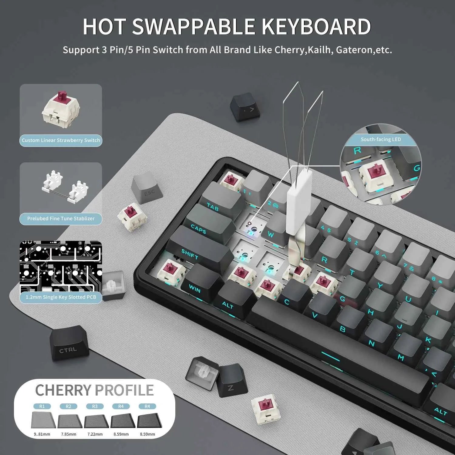 ATTACK SHARK X66 65% Wireless Mechanical Keyboard with Knob, 66 Keys Tri Mode Gasket Hot Swap RGB Gaming Keyboard 60 Percent,PBT