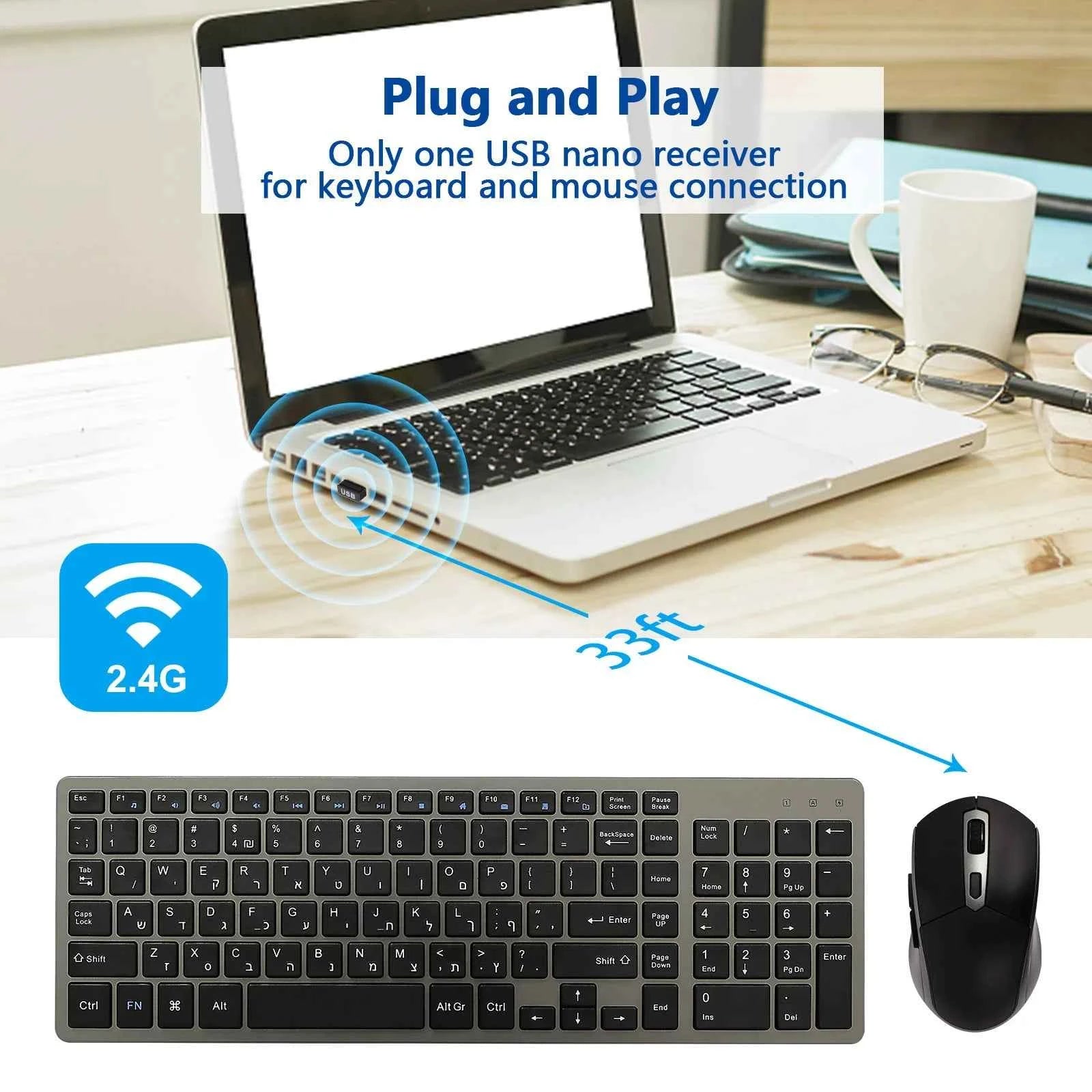 Wireless Keyboard and Mouse Combo Rechargeable Russian Korean English Keycap Slim Computer Keyboard & Silent Mouse Set