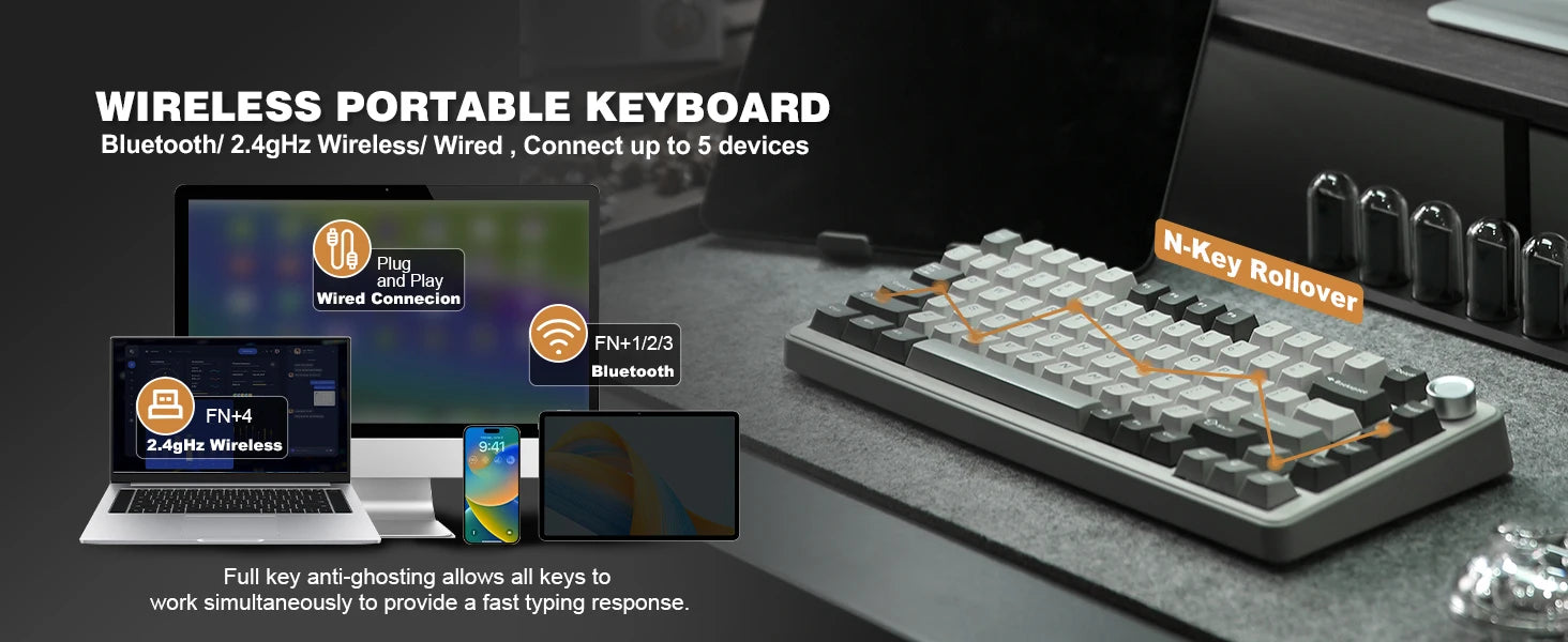 YUNZII B75 PRO 82-Key Wireless Mechanical Gaming Keyboard, Gasket Hot Swap Custom RGB 75% BT/Type-C/2.4G Creamy Knob Keyboard