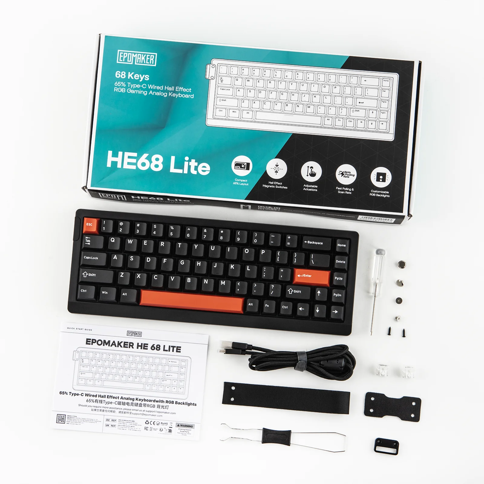 EPOMAKER HE68 Lite 65% Layout Tray-Mounted Wired Hall Effect NKRO Magnetic Keyboard DKS SOCD 8kHZ Polling Adjustable Actuation