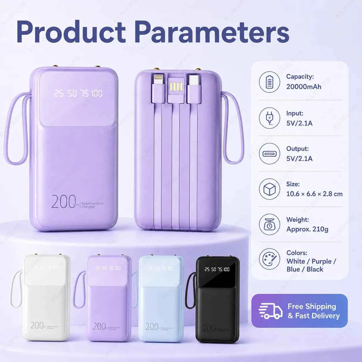 20000mAh Portable Power Bank Built-in 3 Cables Rechargeable External Battery Pack with Digital Display for iPhone Android