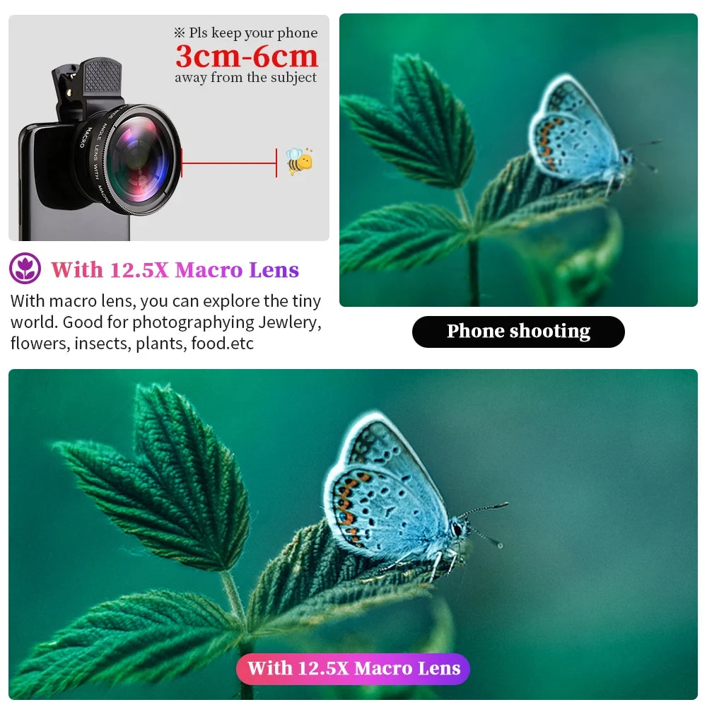 2 Functions Mobile Phone Lens 0.45X Wide Angle Len & 12.5X Macro HD Camera Lens Universal For iPhone Android Phone Smartphone