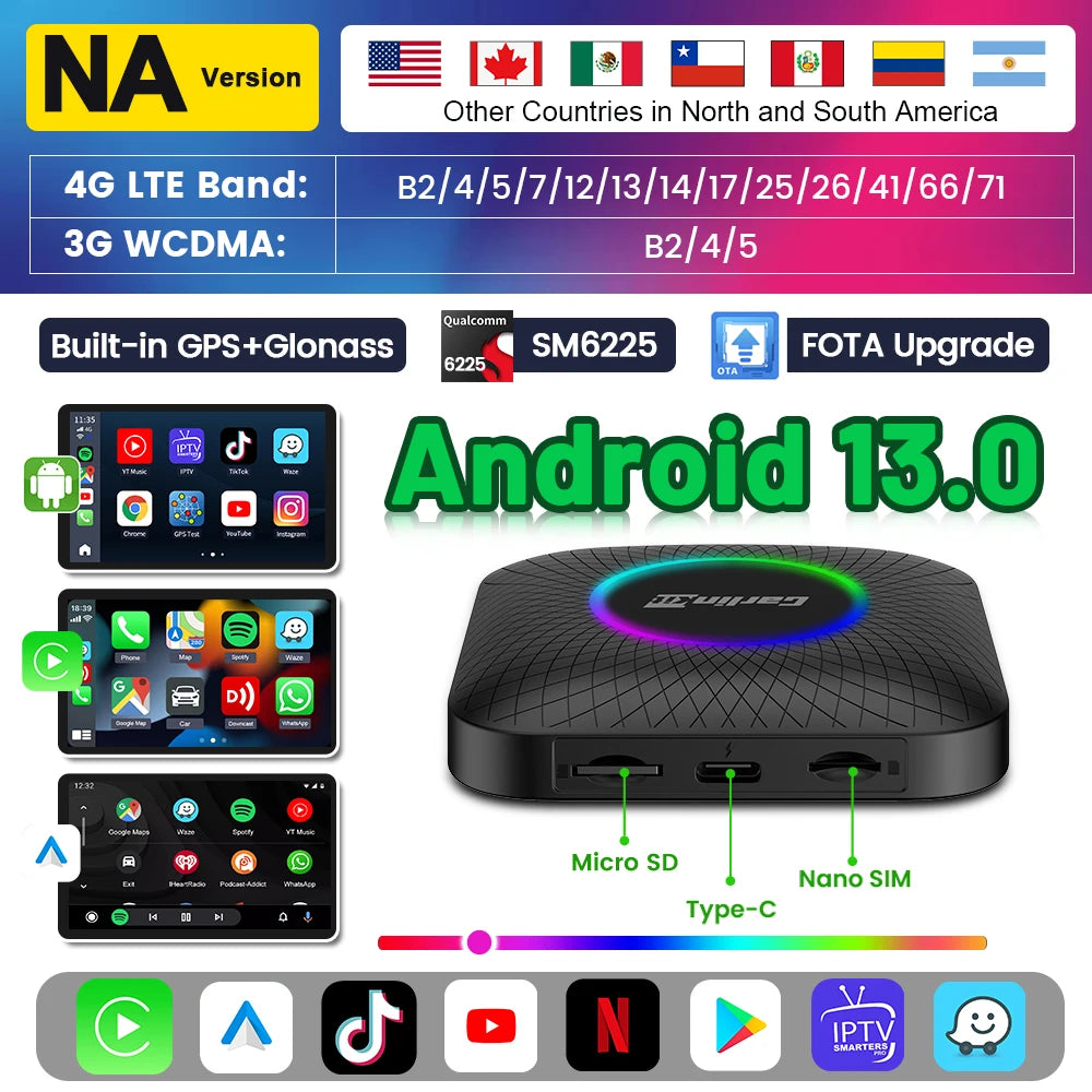 Carlinkit Ai Box Android 13 Led Wireless Android Auto & CarPlay Smart Tv Box QCM6225 Support Youtube Netflix Car Accessories