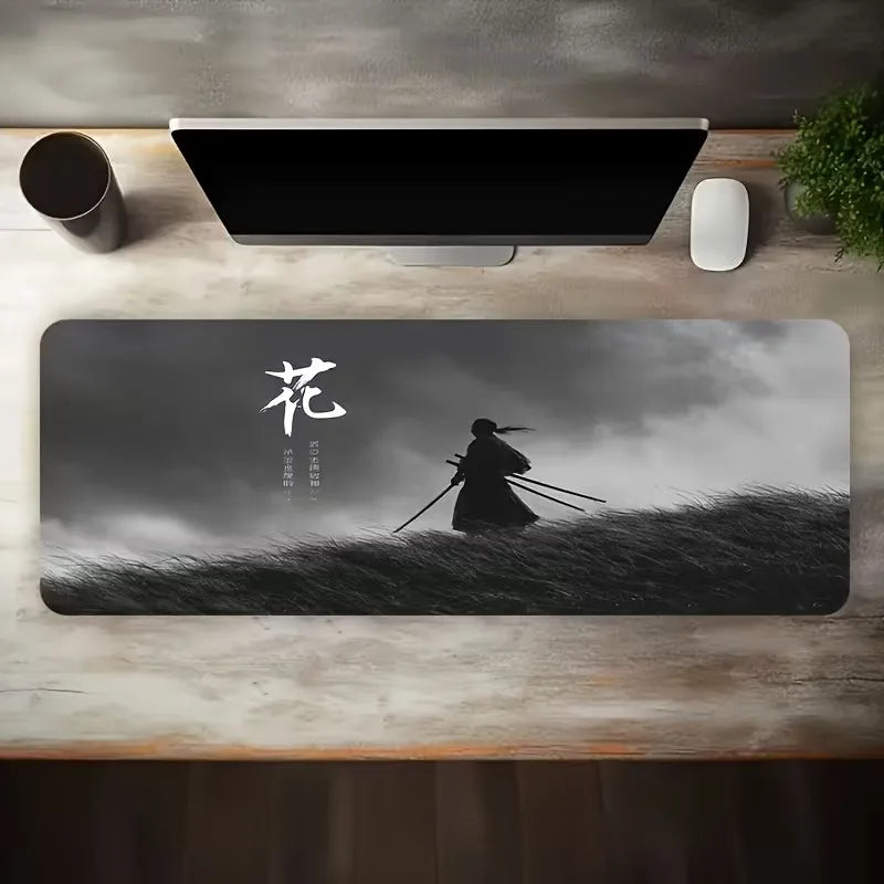 Japanese Samurai Art Mouse Pad, Traditional Calligraphy Pattern Non Slip Desk Mat Game Lovers Office Home Keyboard Desktop Decor