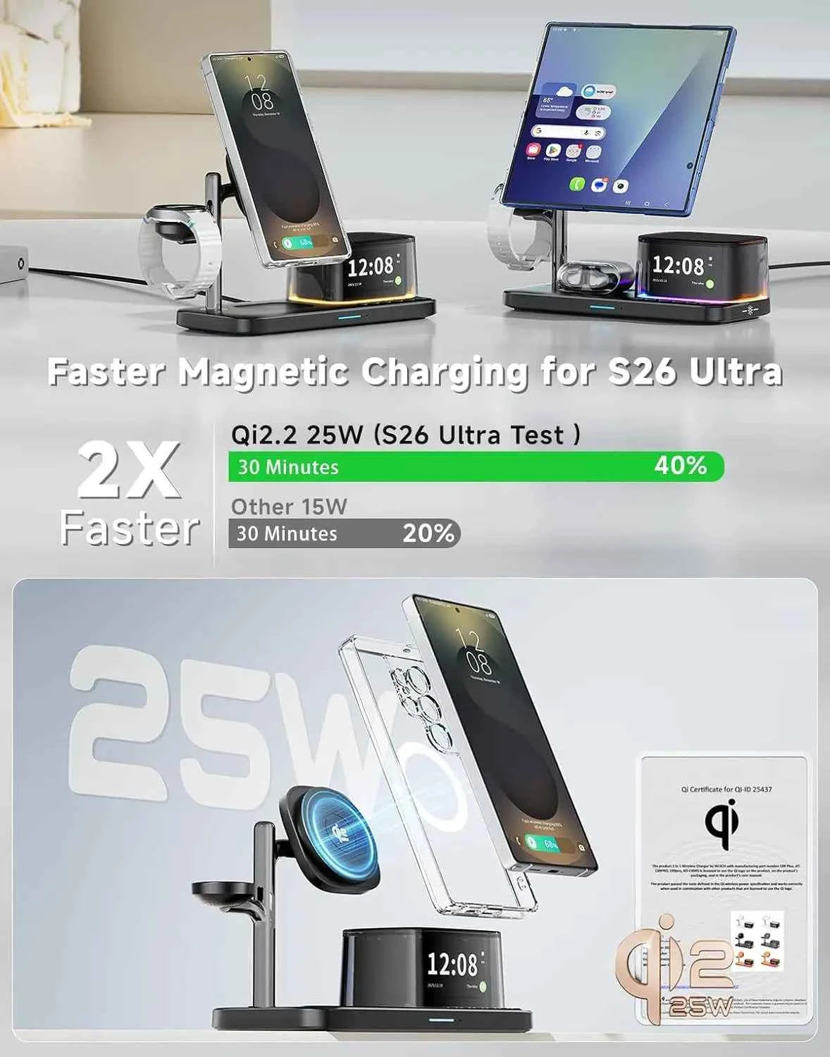 25W Magnetic Wireless Charger Stand Bluetooth Speaker Fast Charging For iPhone Samsung S26 S25/Z Fold 7 Galaxy Watch Ultra 8 7