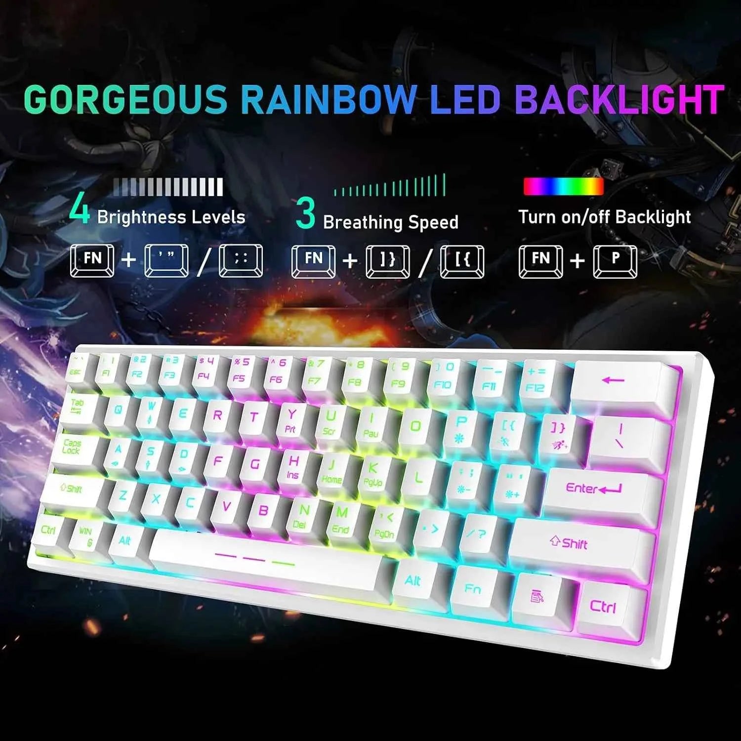 T61 Wireless Gaming Keyboard and Mouse Combo, Ergonomic 61 Key Rainbow LED Backlight Rechargeable 4000mAh Battery Mouse Pad