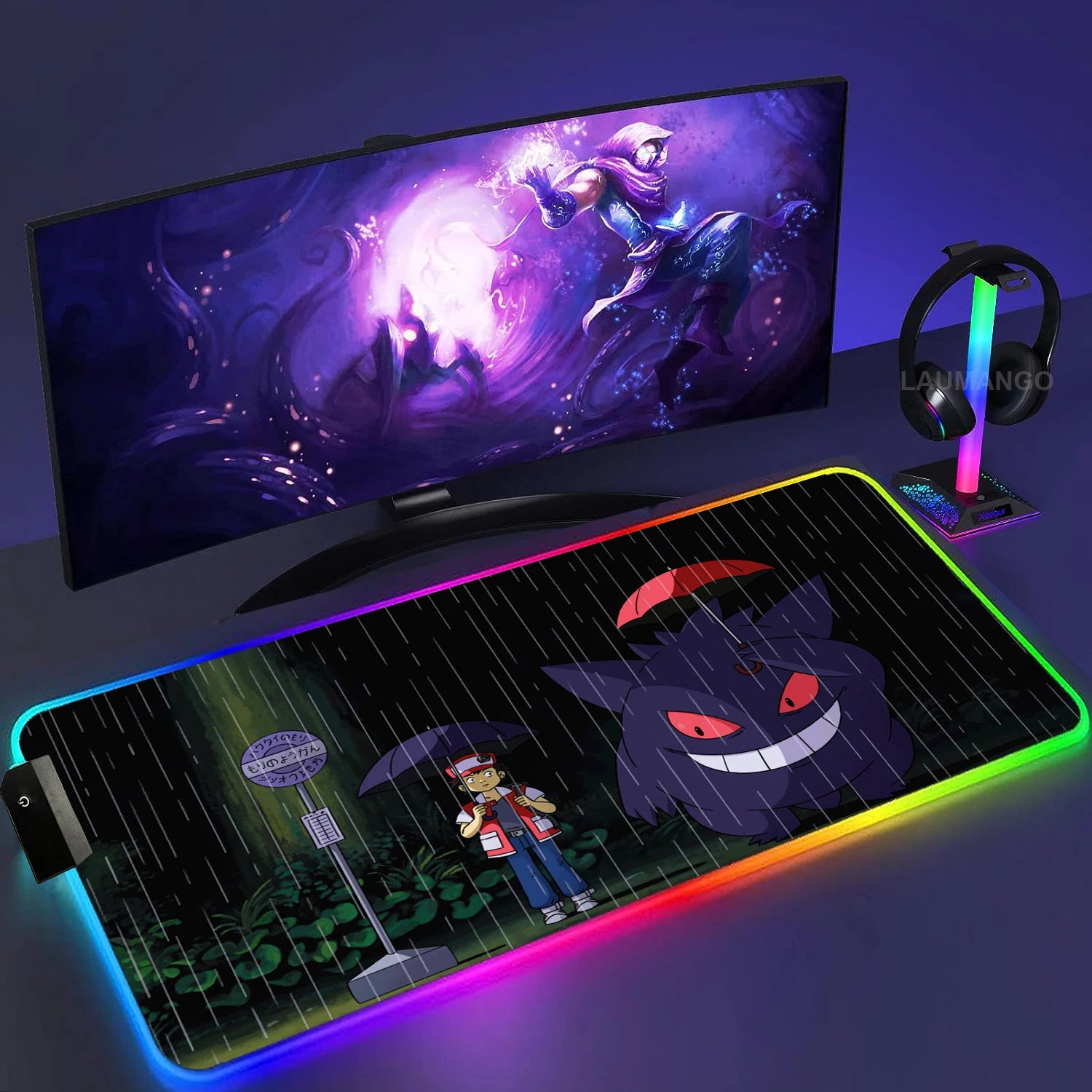 Gengar Mousepad Pokemon RGB LED Purple Mouse Pad Gaming Accessories Ghost Big Extended Keyboard Carpet PC Anime Desk Mats - WinSupport Tech