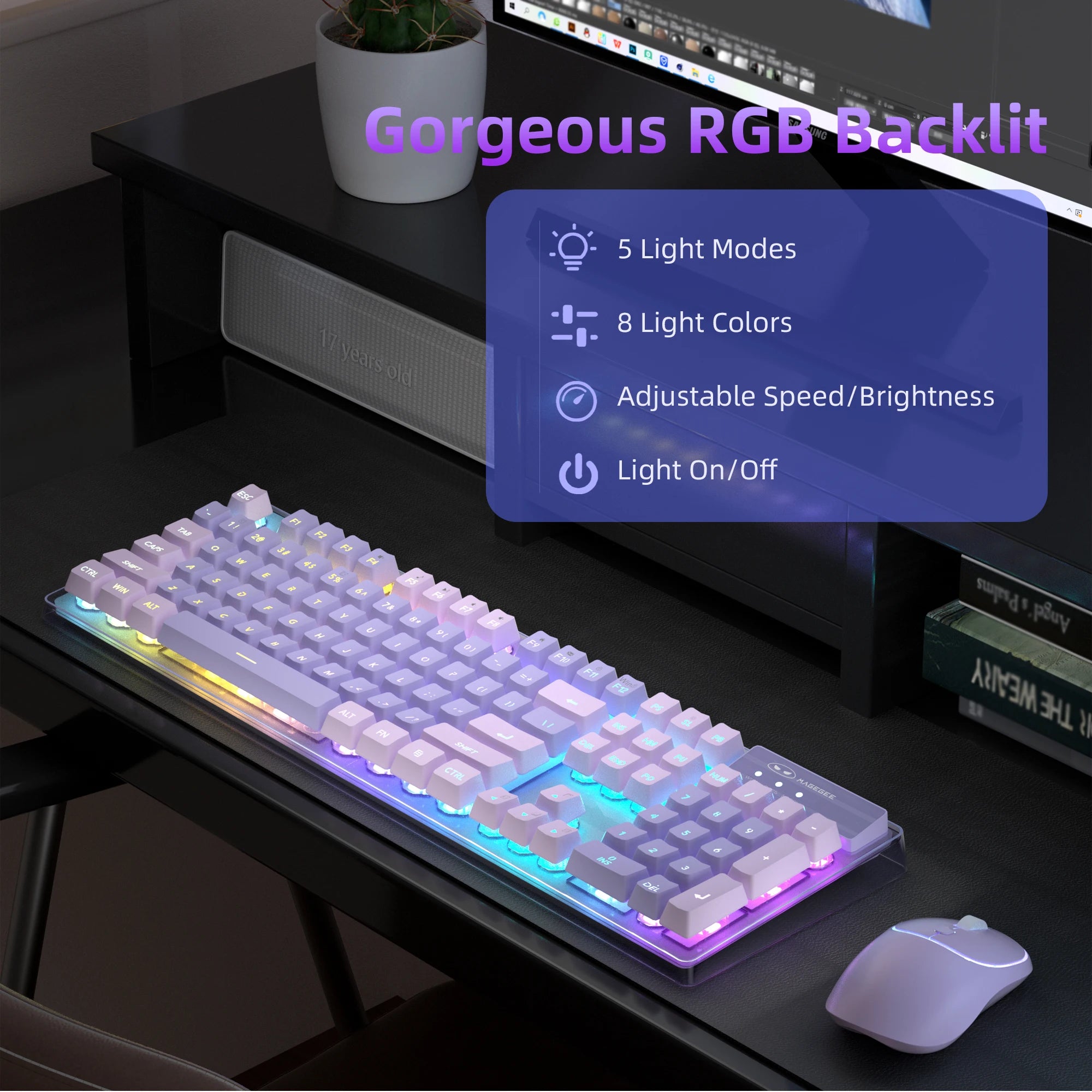 MageGee V550 Wireless Gaming Keyboard and Mouse, 2.4G Full-Sized RGB LED Computer Keyboards with Transparent Shell, Rechargeable