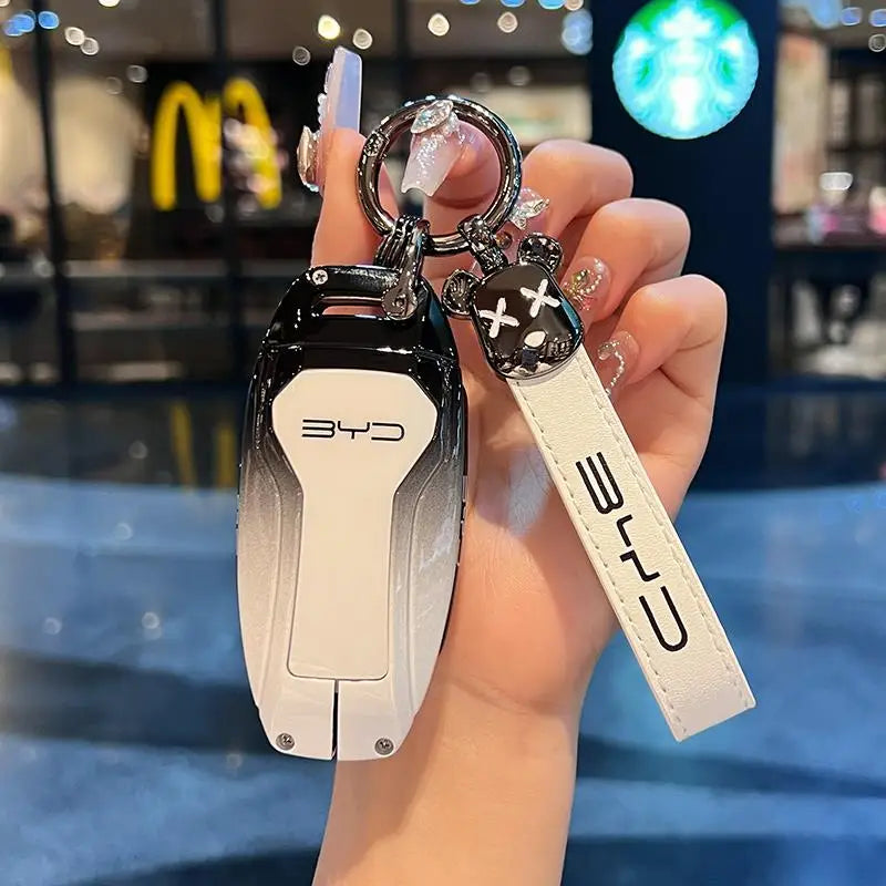 Zinc Alloy New Leather Car Key Case Cover Shell Fob For BYD Song Plus Atto 3 Han EV DM Qin Seal Dolphin Protective Auto Keychain