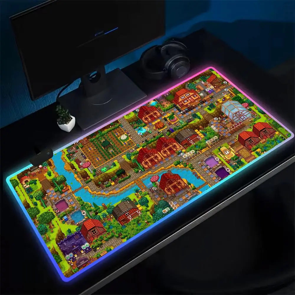 Super Farmer S-STARDEW VALLEY Mouse Pad Anime Gaming Mouse Pad LED Table Pads Backlit Rubber Desktop XXL Mousepad RGB Desk Mats