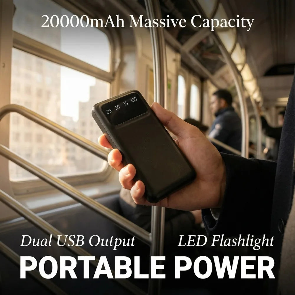 Travel Outdoor Must-have 20000mAh Large Capacity Power Bank, 5V 2.1A Stable Current Portable USB External Battery Charger with LED Digital Remaining Power Screen, Dual USB Output Dual Type-C Micro Input Interface, Premium Saf