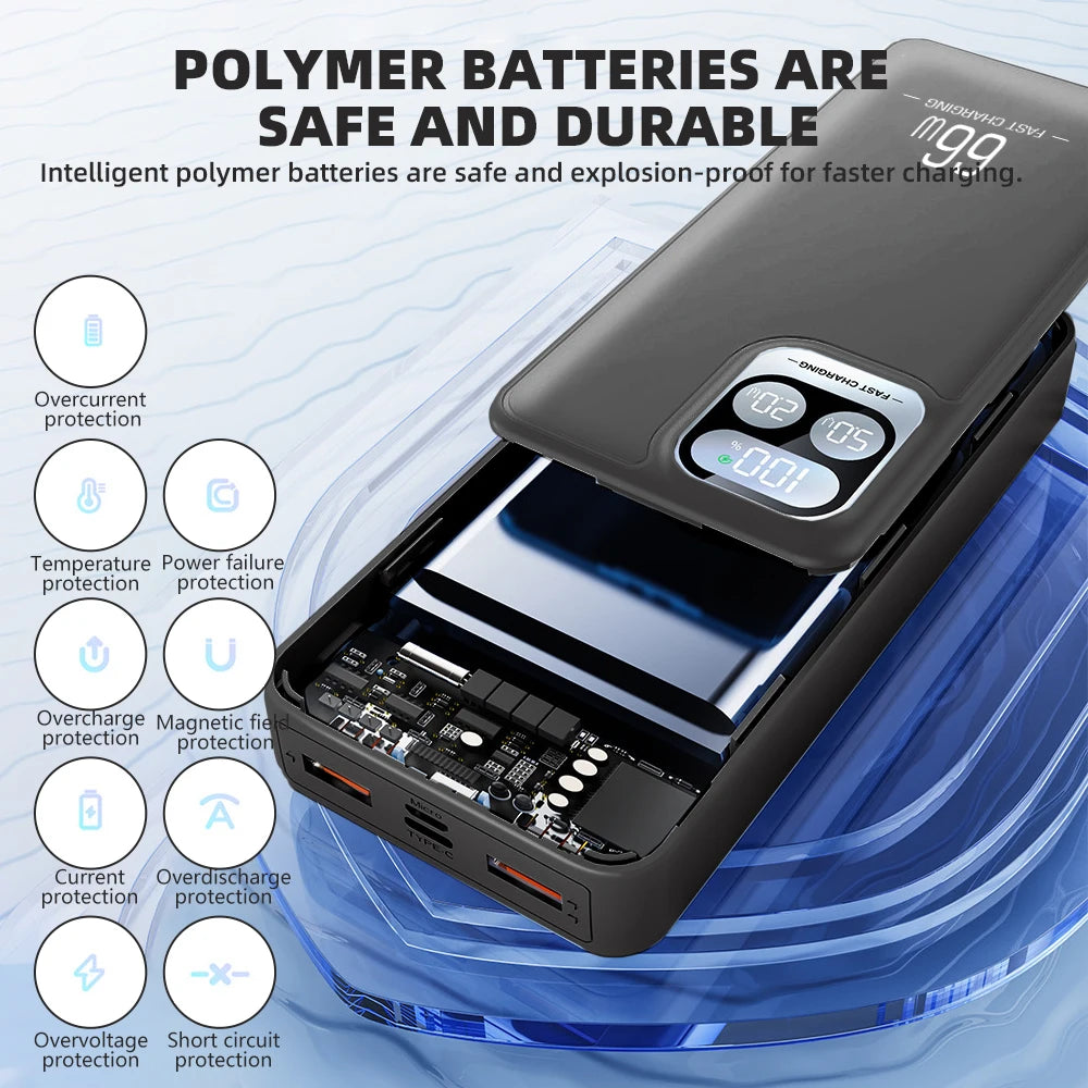 66W Fast Charging Power Bank Built-in 4 Cables LED Digital Display Portable PD20W External Battery Pack Polymer Safe Powerbank for iPhone Android Phones