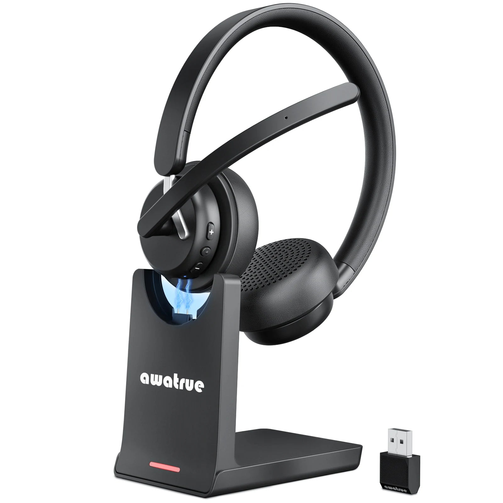 AWATRUE EH11 Wireless Bluetooth Headset with AI Noise Cancelling Mic & Charging Base 2.4GHz Wireless Headphone with USB Dongle