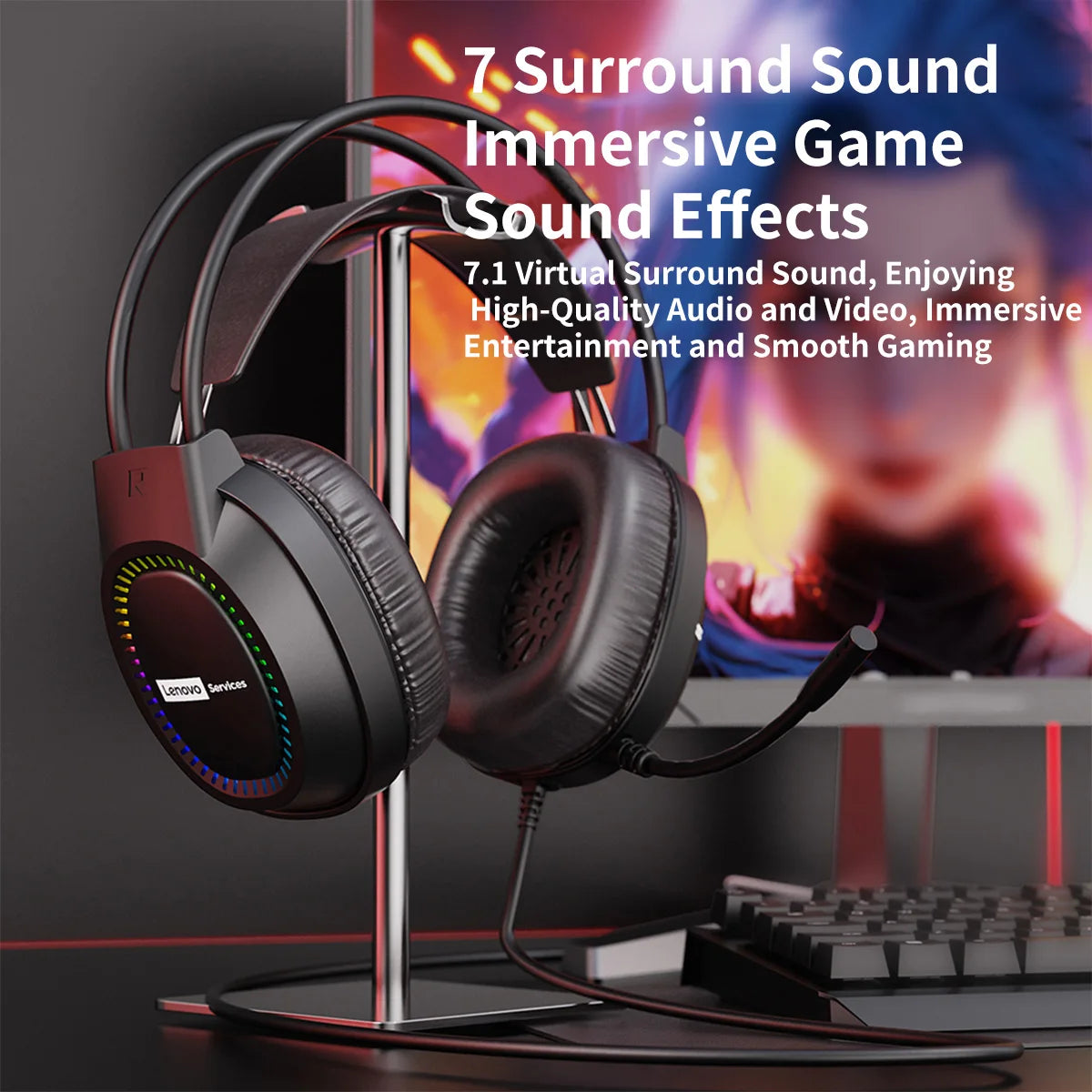 Lenovo Over-Ear Headphones with Microphone, Gaming Headphones, Rgb Lighting, Cool Colorful Lights, Suitable for Desktop and Laptop Computers, Comfortable, Sound-Isolating, and Noise-Cancelling