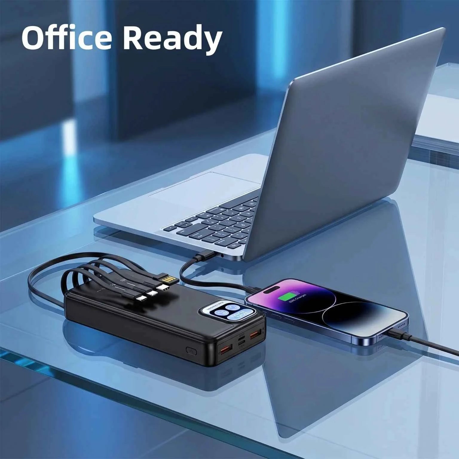 66W Fast Charging Power Bank Built-in 4 Cables LED Digital Display Portable PD20W External Battery Pack Polymer Safe Powerbank for iPhone Android Phones