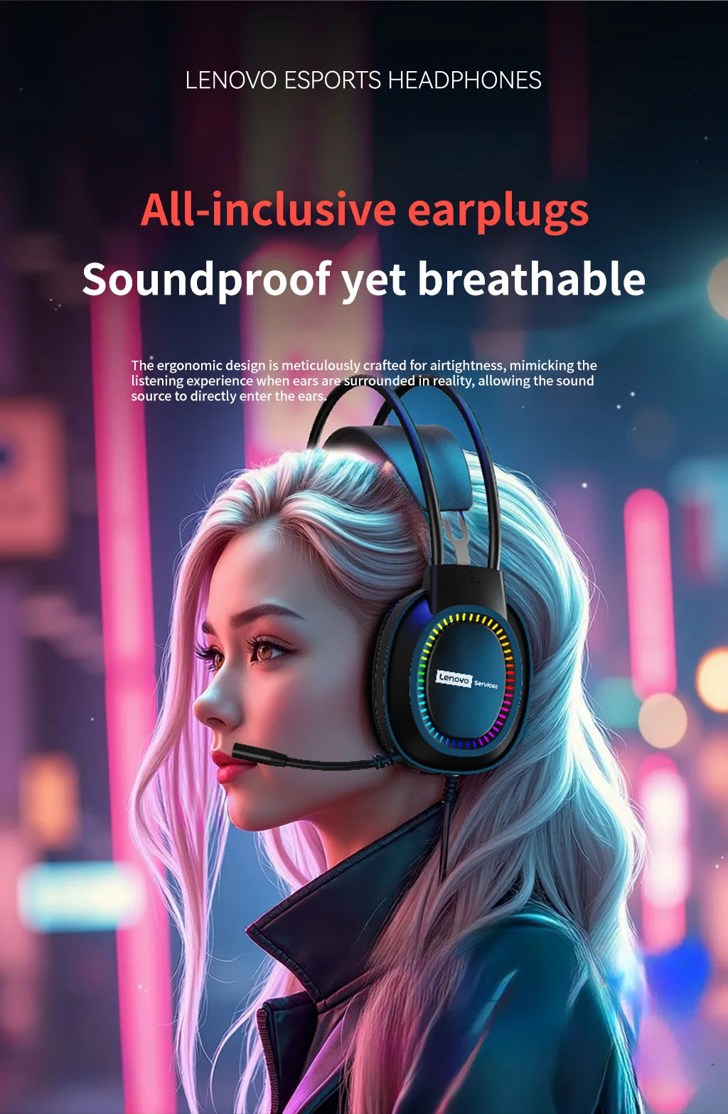 Lenovo Over-Ear Headphones with Microphone, Gaming Headphones, Rgb Lighting, Cool Colorful Lights, Suitable for Desktop and Laptop Computers, Comfortable, Sound-Isolating, and Noise-Cancelling