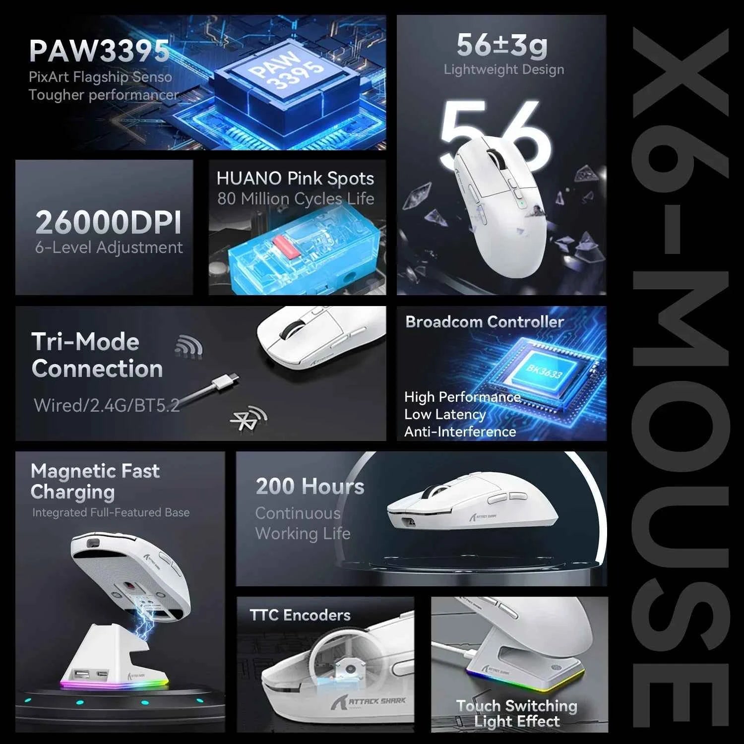 ATTACK SHARK X6 Wireless Macro Gaming Mouse PAW3395 26000 DPI Tri-Mode Wired/2.4G/BT5.2 Connection Magnetic Charging Base Mouse