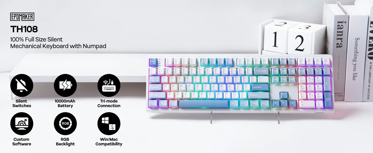 EPOMAKER TH108 100% Full Size Gasket Wired/BT/2.4Ghz Wireless NKRO Mechanical Gaming Keyboard 10000mAh Battery RGB Backlit