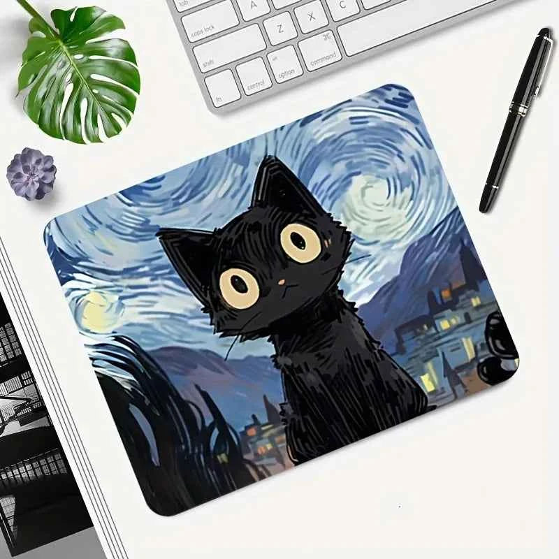 Starry Night mouse pad with cute black cat, study and office use, office accessories, rectangular workstation pad - durable, wat