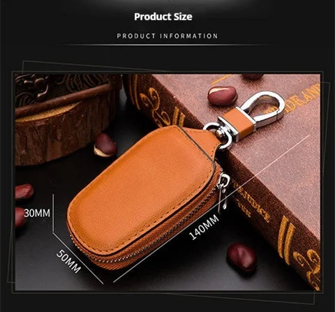 Genuine Cowhide Car Key Case Universal Zipper Leather Key Holder Portable Waist Hanging Auto Remote Fob Key Bag