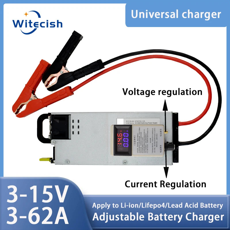 Lifepo4 Charger 12V 62A 60A Lithium Battery Charger 110V-240V Input 3-15V Adjustable Quick Fast Adapter for Lifepo4 Battery