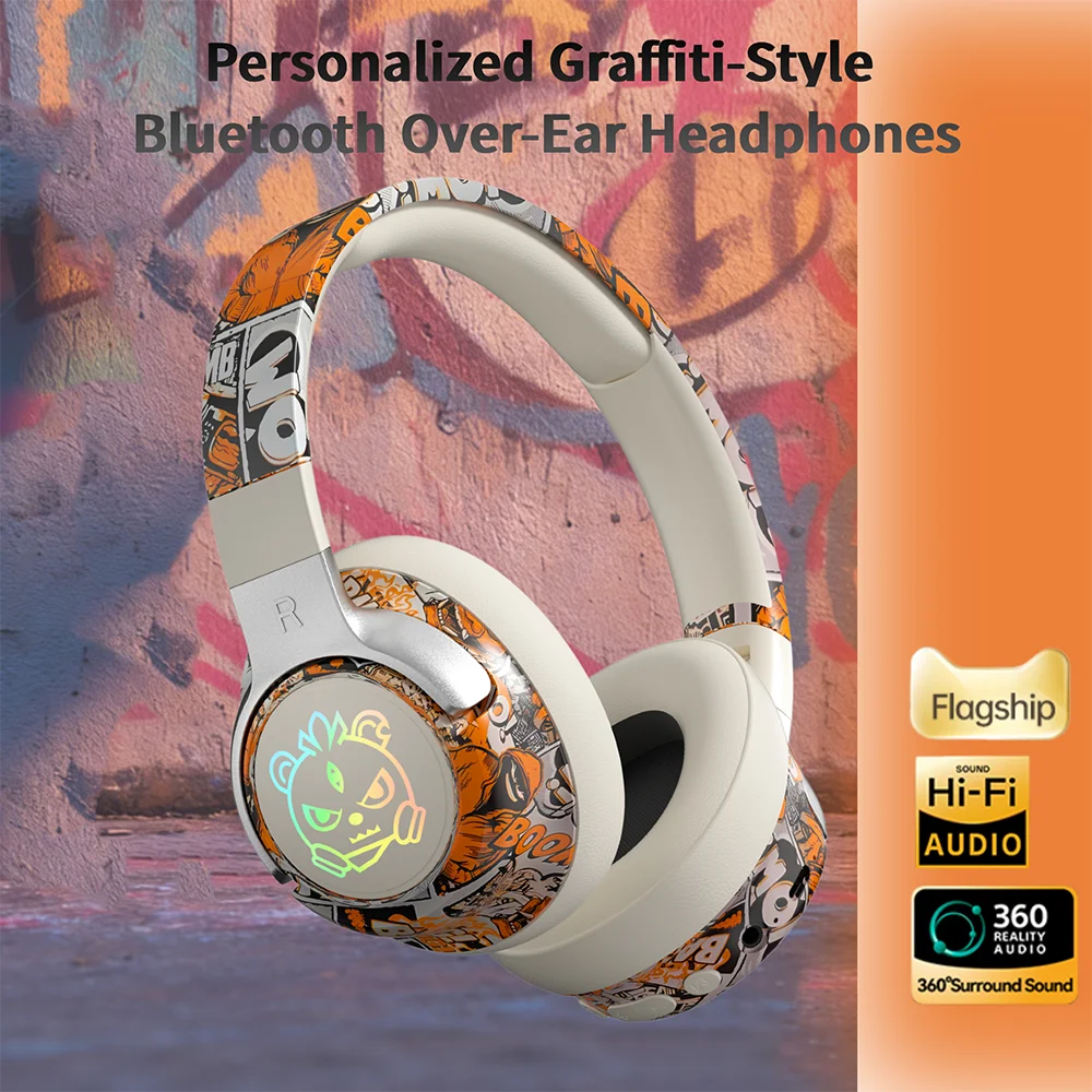 Graffiti Wireless Gaming Headphones 360° Stereo Sound, Support AUX/TF Card Mode Hi-Res Audio, Over Ear Foldable Lightweight