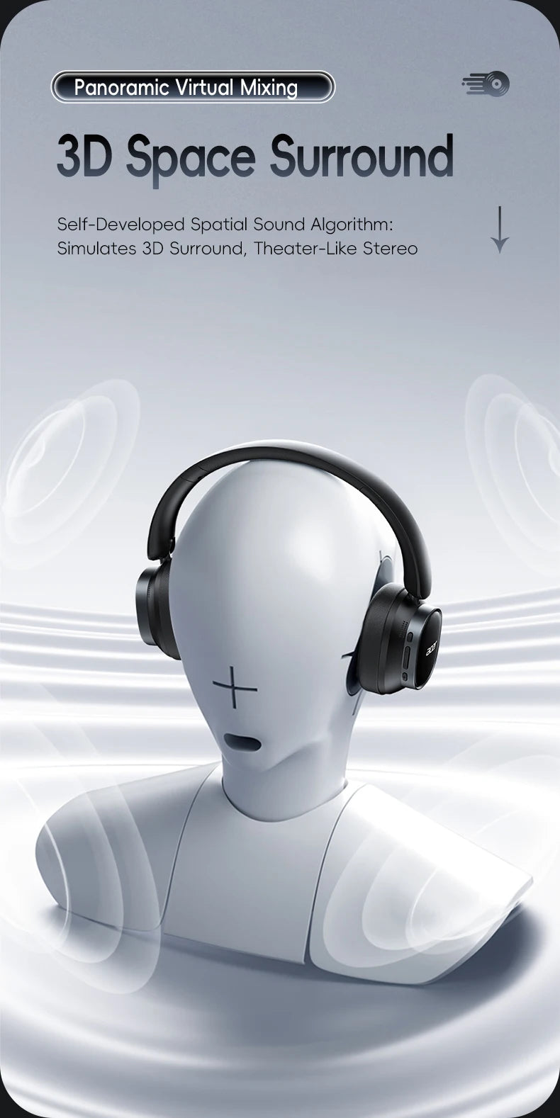 Acer Ohr633 2026 New Model Wireless Bluetooth Headphones Hifi Stereo Sound Quality Anc Call Noise Reduction Foldable Adjustable Design Built-In High-Definition Microphone Gaming Headphones