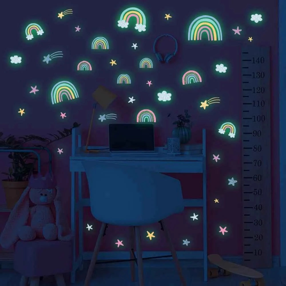 Cartoon Luminous Wall Stickers Glow In The Dark Fluorescent Rainbow Wall Decal For Kid Rooms Bedroom Ceiling Nursery Home Decor