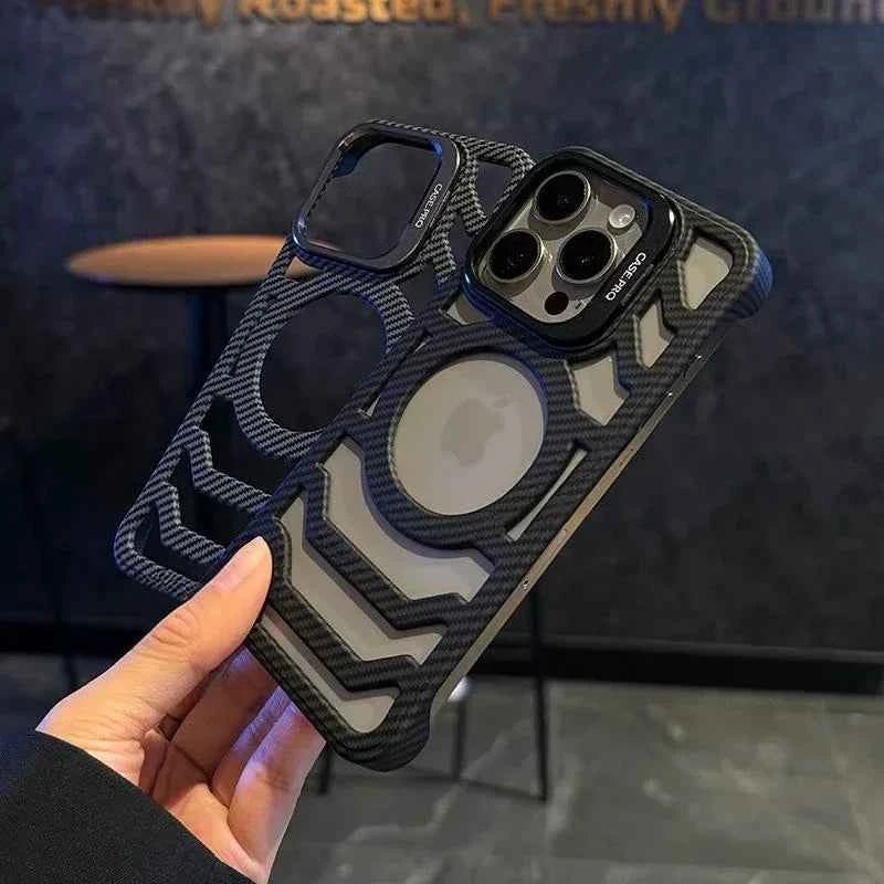 Frameless Fiber Pattern Logo Hole Hollow Magnetic Case for iPhone 12 13 14 15 16 Pro Max Magsafe Lens Stand Flip Bracket Cover