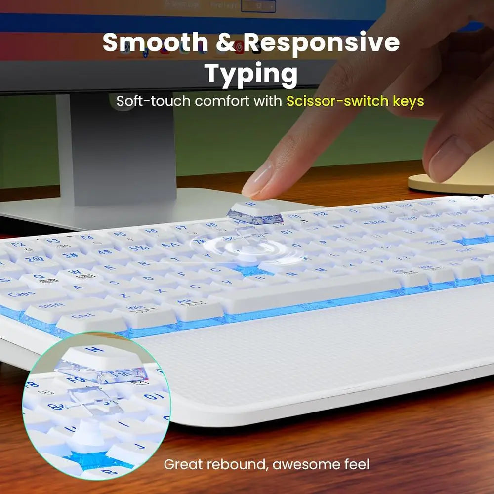 Wireless Ergonomic Backlit Keyboard and Mouse Set, 4000mAh Rechargeable, USB, Wrist Rest & Pen Holder, Quiet Typing, Windows Com