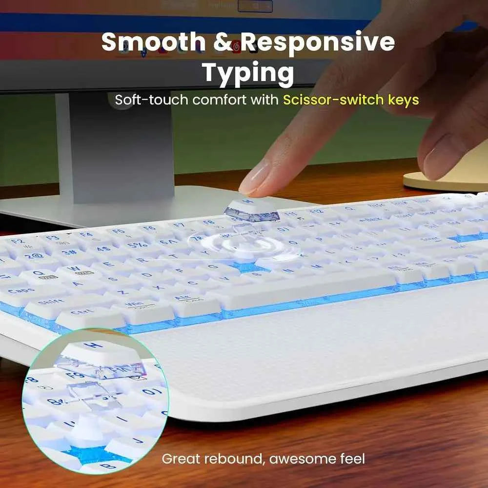 Wireless Ergonomic Backlit Keyboard and Mouse Set, 4000mAh Rechargeable, USB, Wrist Rest & Pen Holder, Quiet Typing, Windows Com