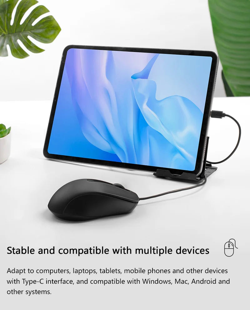 Type-c Wired Mouse Silent Portable Tablet Notebook Office Optical Mouse Ergonomic Design For PC Android IOS