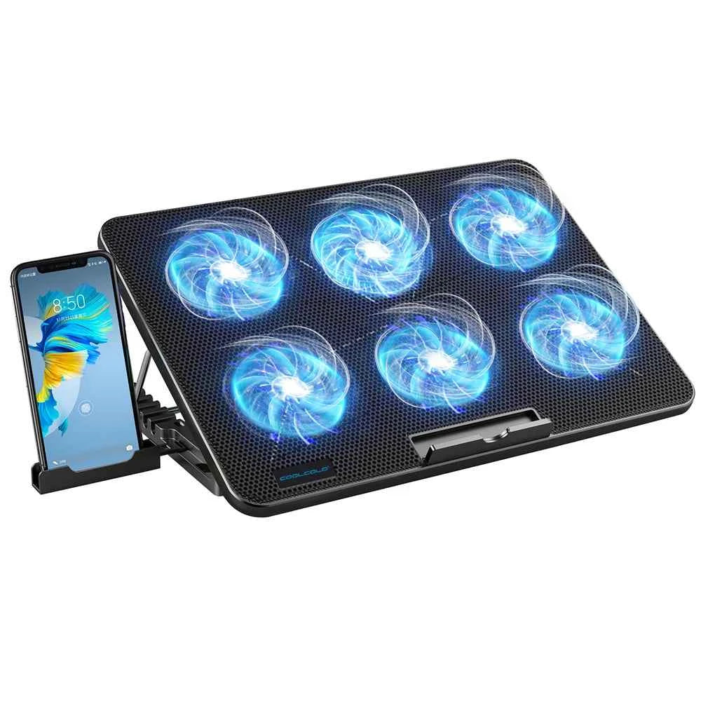 Coolcold 15.6-17.3inch Laptop Cooling Pad with 6 Quiet Fans,7 Height Wind Speed Adjustable, Laptop Cooer With Mobile Phone holder
