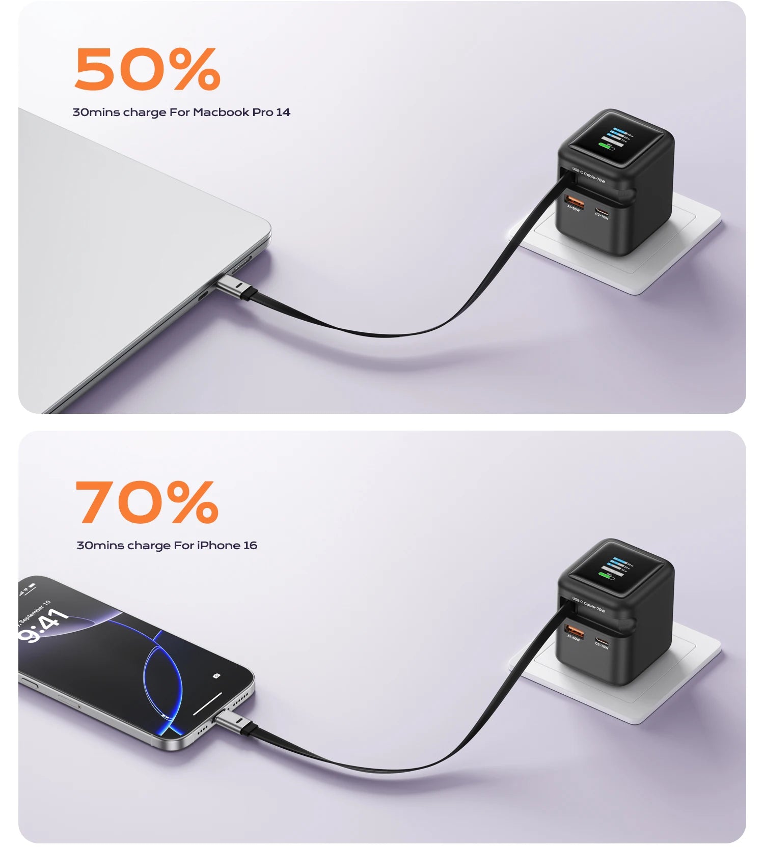 ASOMETECH 70W GaN Charger With Retractable Type C Cable 45W PD QC PPS Travel Charger for iPhone 16 Laptop Macbook Tablet Samsung