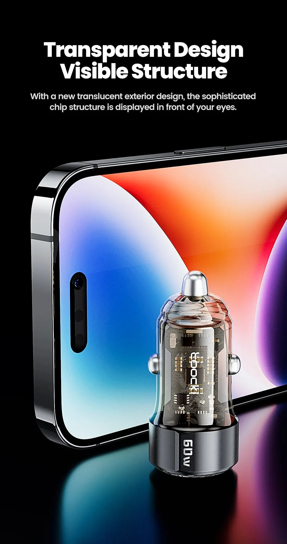 Toocki 60W Car Charger 30W Quick Charge Transparent Case PD 27W for iPhone 15 14 13 12 Xiaomi Poco Samsung Fast Charger Charging