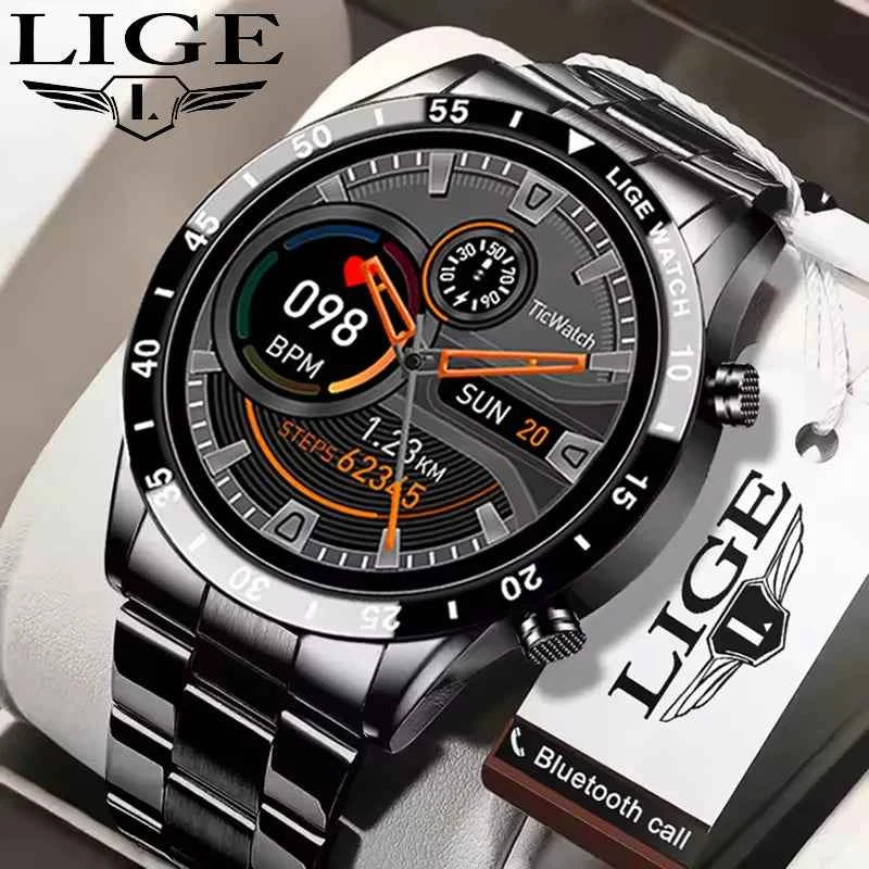 LIGE Men's Fashion Smart Watch Full Touch Bluetooth Call Waterproof Sport Fitness Tracker Luxury Steel Band Smartwatch for Adults