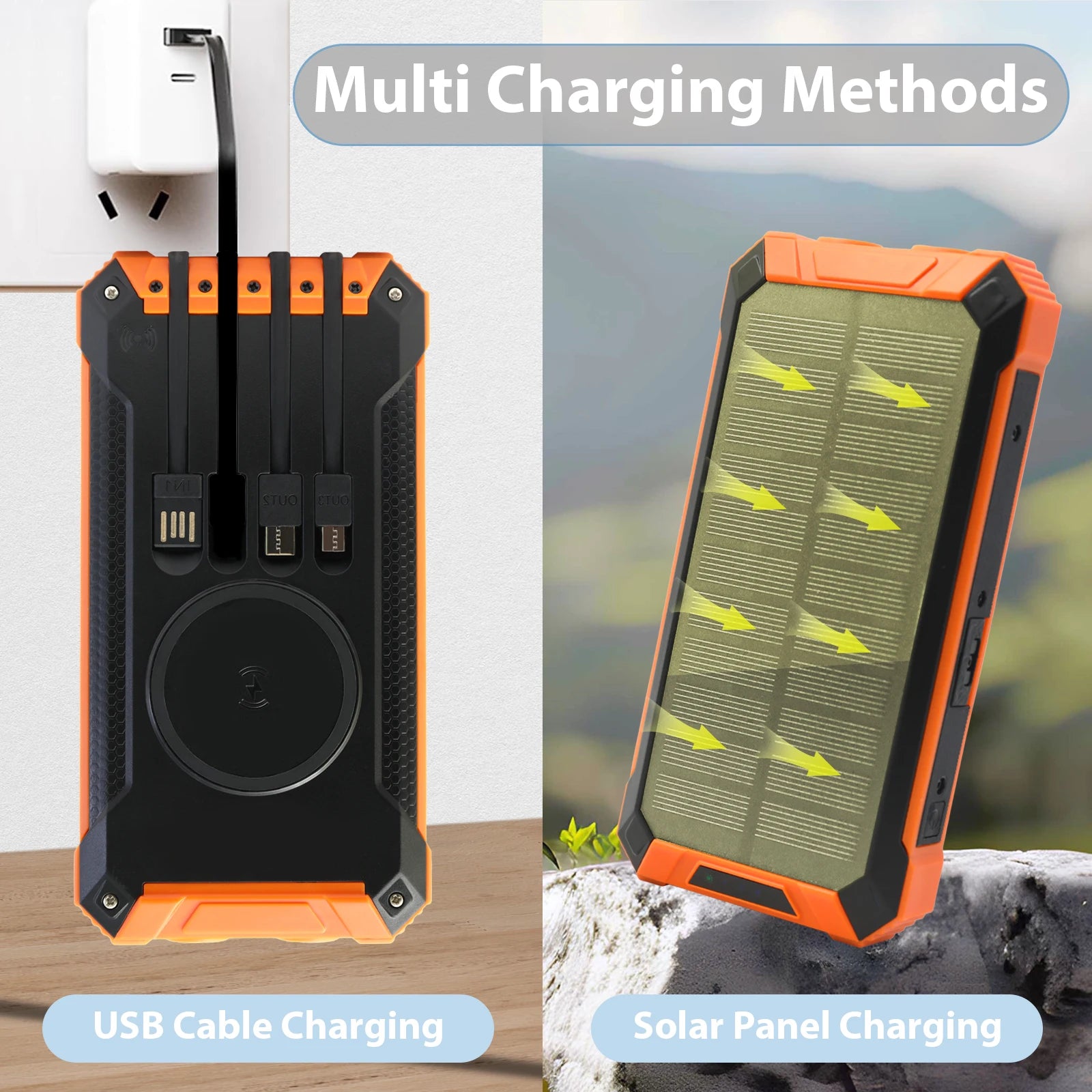 20000mAh Portable Solar Power Bank Wireless Charging 18W Dual LED Lights 4 Built-in Charging for iPhone Android Phones AirPods