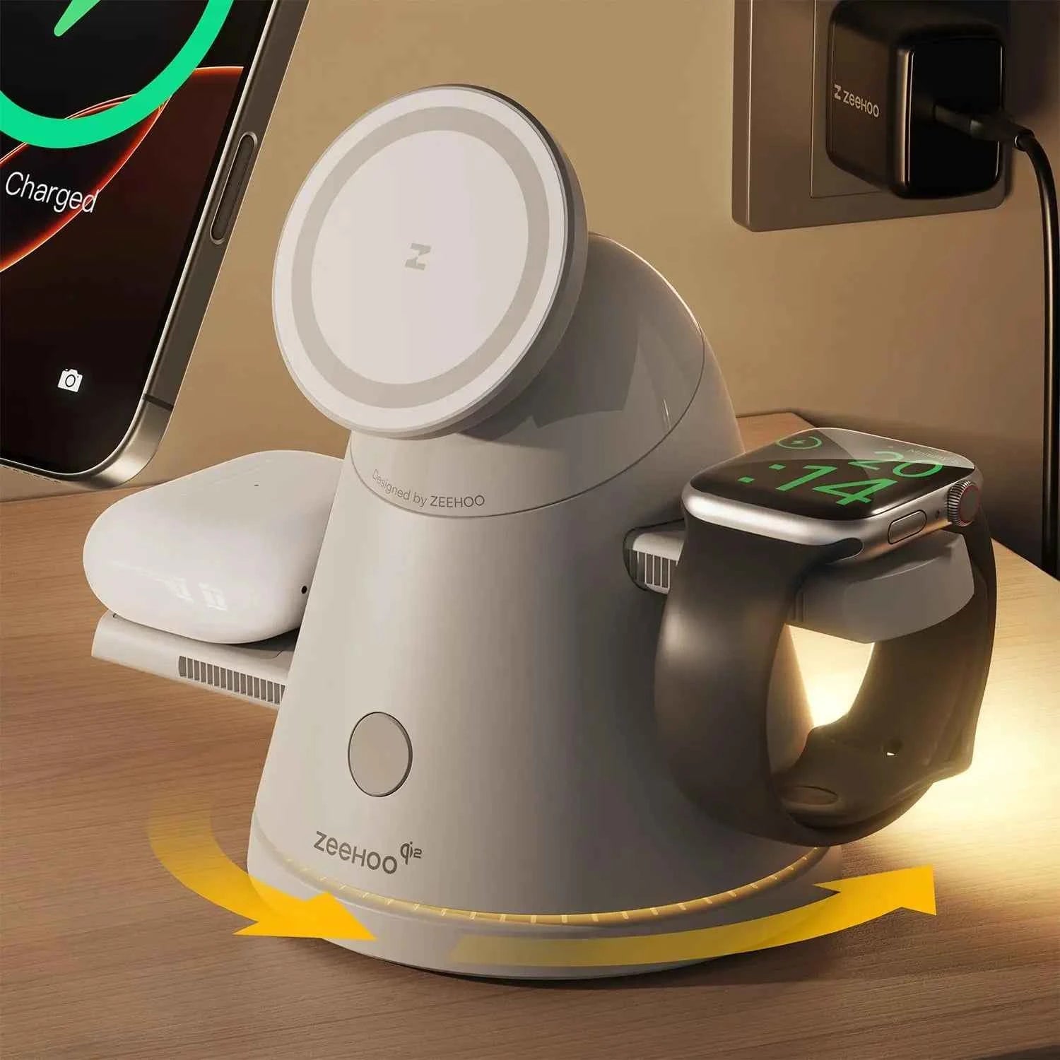 3-in-1 Qi2 Mag-Safe Charger with Night Light, Fast Wireless Charging for iPhone, AirPods & Watch