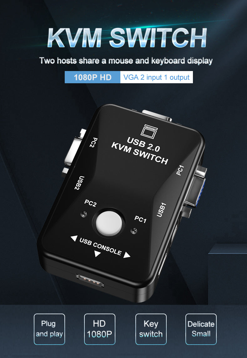 Newest USB KVM Switch Switcher 2 Port VGA SVGA Switch Box USB 2.0 Mouse Keyboard 1920*1440 Professional Video Switch Hot Sale