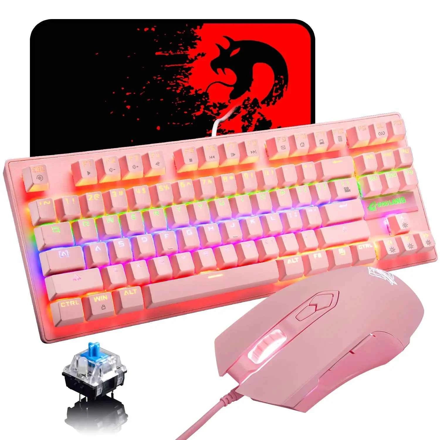 K2 Wired Mechanical Gaming Keyboard 82 Keys Rainbow Backlit Blue Switch Keyboard&Lightweight Gaming Honeycomb Mouse 6400DPI