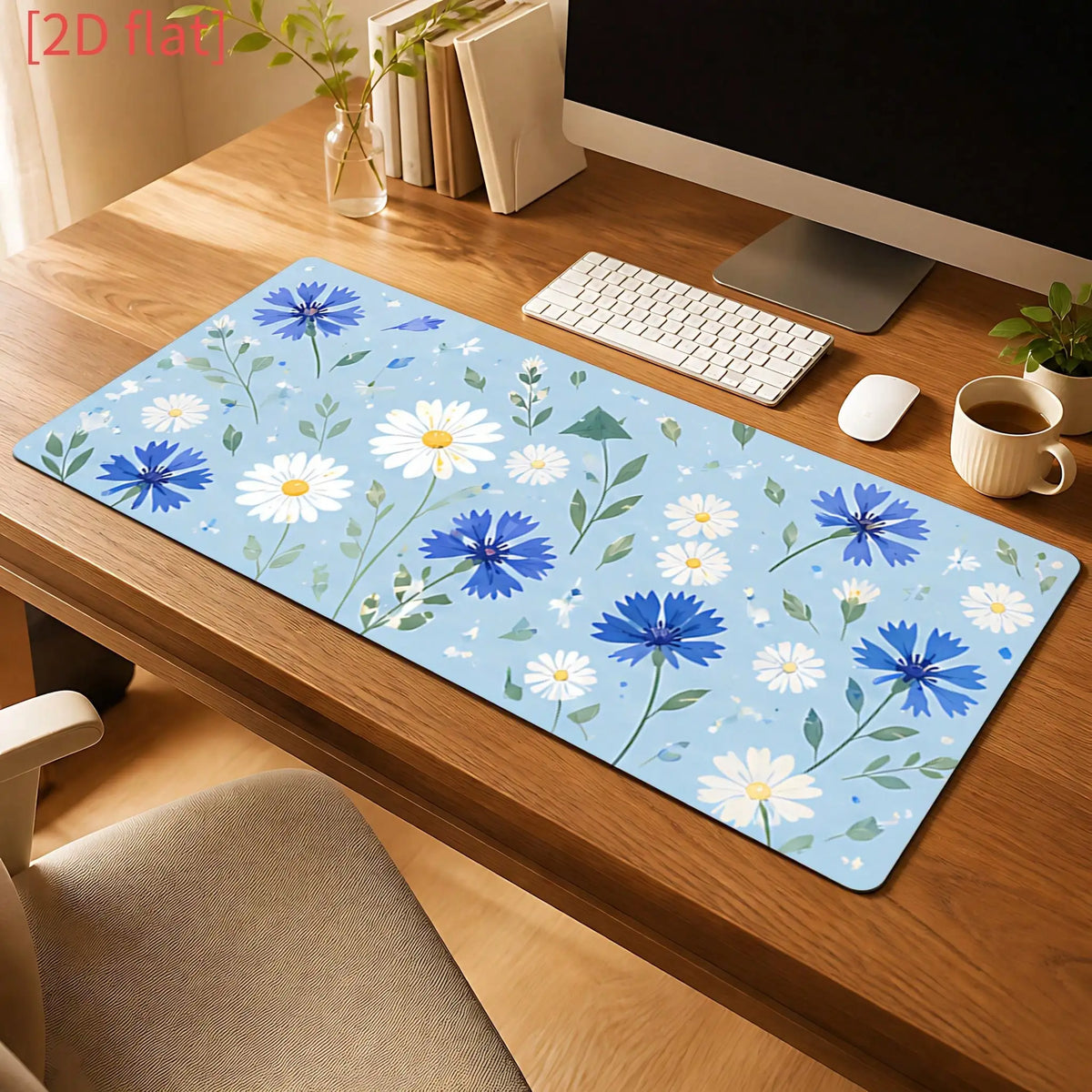 1pc Non-Slip Oval Mouse Pad Compatible For Office Desk, Computer Desk, Study Table - Blue & White Cornflower Daisy Minimalist Desk With Base & Suitable For