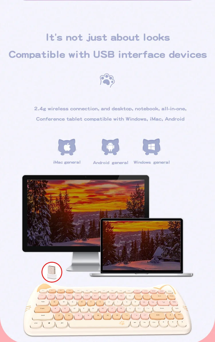 MOFII Kawaii Cat 2.4G Wireless Keyboard and Mouse Set Cute Lipstick Punk Keyboards and Mice Combos for Laptop PC Home Office