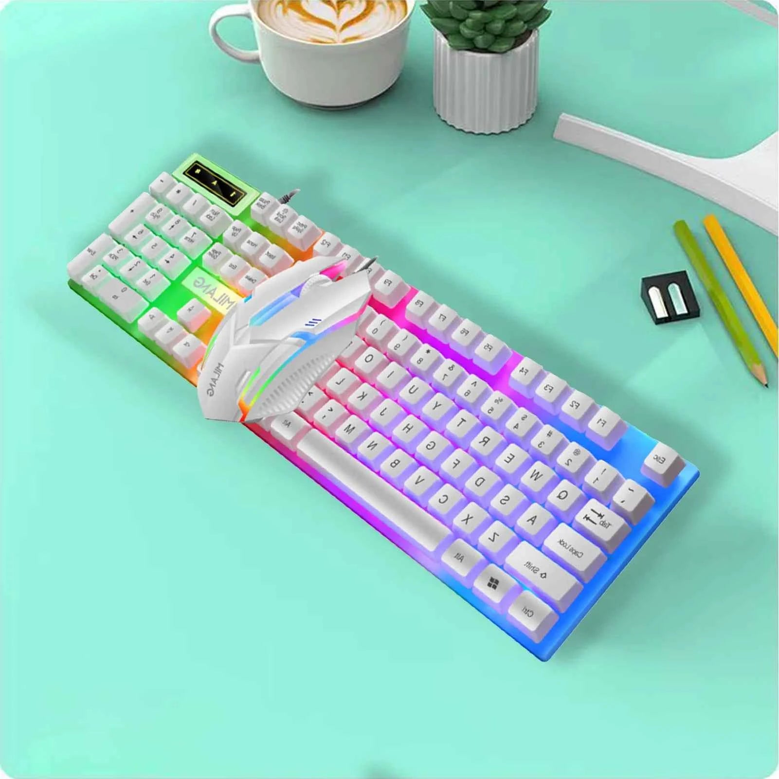 Full Sized Wired Gaming Keyboard and Wired Mouse Combination, with Rainbow LED, Wired USB Connection, Silent Keyboard, Ergonomic Wrist Support, Highly Sensitive Mouse, Suitable for Gamers, Students, and Office Professionals,