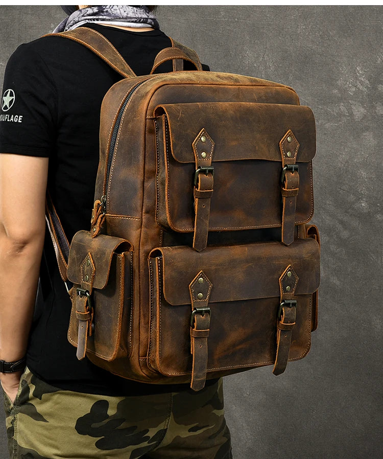Vintage Crazy Horse Genuine Leather Backpack Men Bagpack Cowhide Hiking Backpack 17