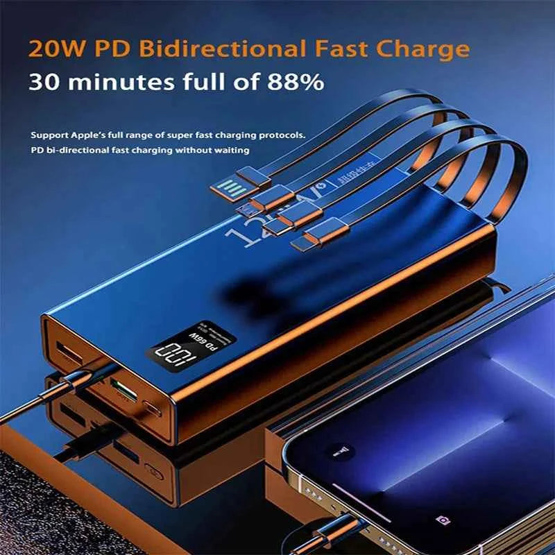 50000mah Power Bank 120W Fast Charging Built-in Cable External Large Battery Portable Charger For iPhone Samsung Xiaomi
