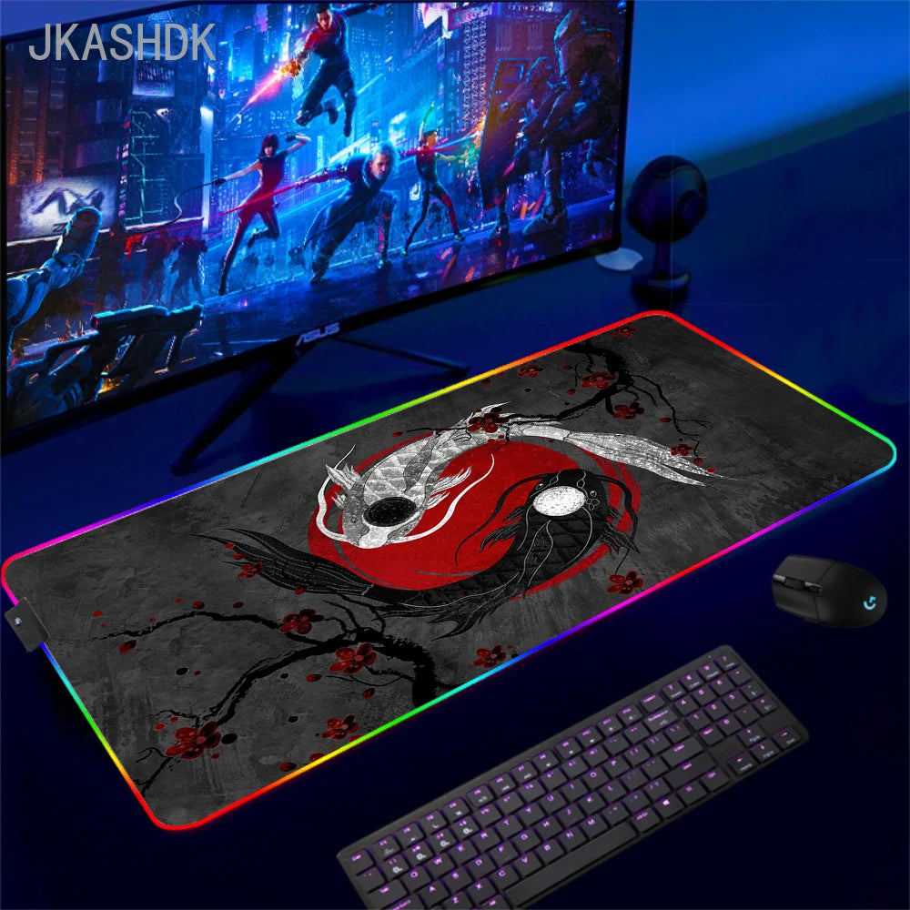 Large RGB Mouse Pad Koi Fish Gaming Mousepad LED Mouse Mat Gamer Mousepads Yin Yang Desk Pads RGB Keyboard Mause Mats XXL 100x50